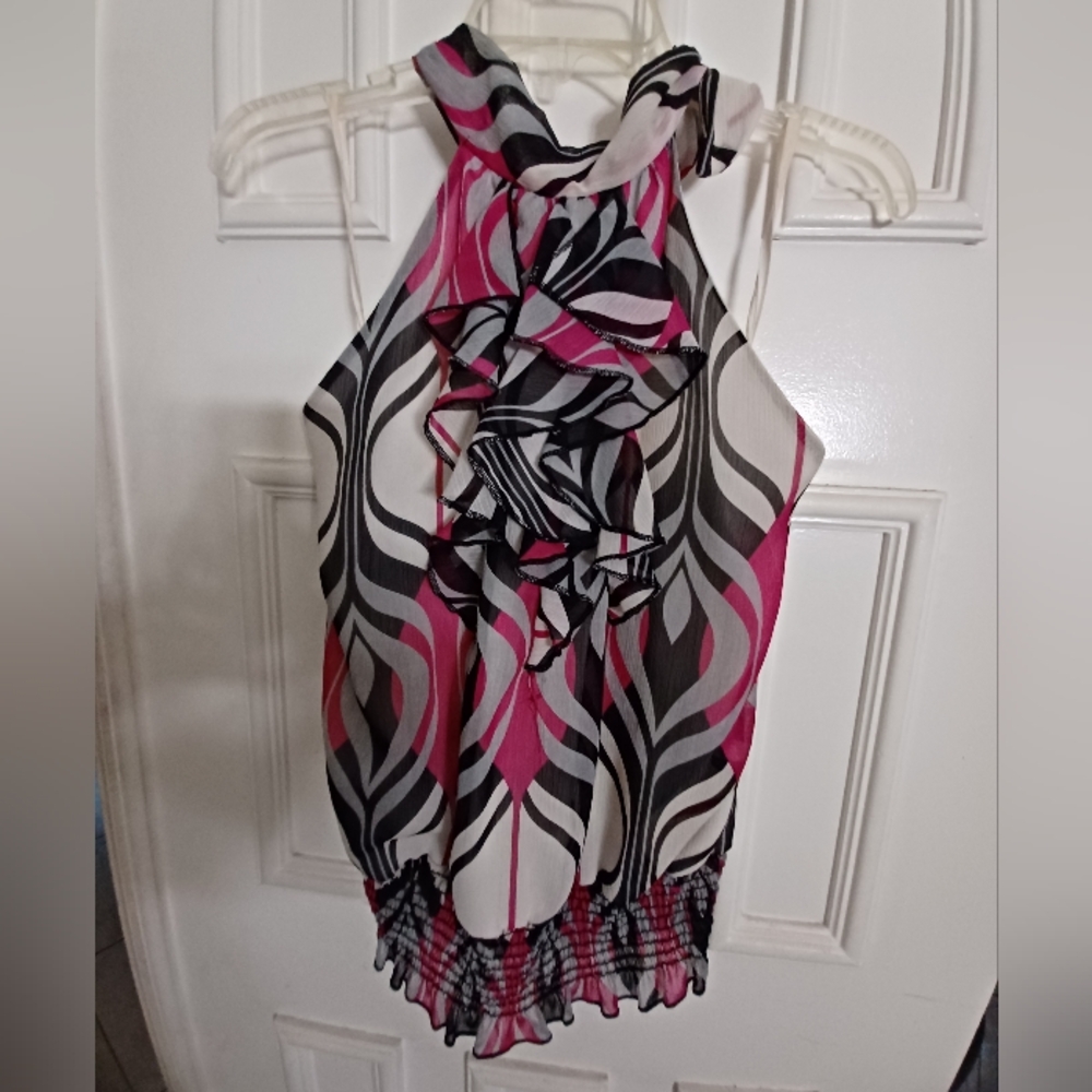 Kenpo Girl Women Pink Multi Color Halter Neck Top Blouse Size M Tie Neck